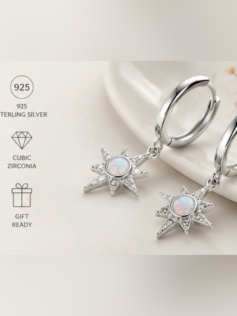 925 Sterling Silver Starburst Opal Hoop Drop Earrings - White Opal